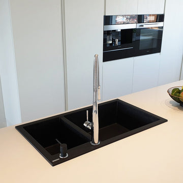 Chiuveta bucatarie granit dubla cu 2 cuve Neagra / Black Metal quartz + accesorii montaj, 860x500x200 mm, cod 6064